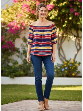 FOURTEENTH PLACE Blouse Size L Red Navy Striped Off-Shoulder